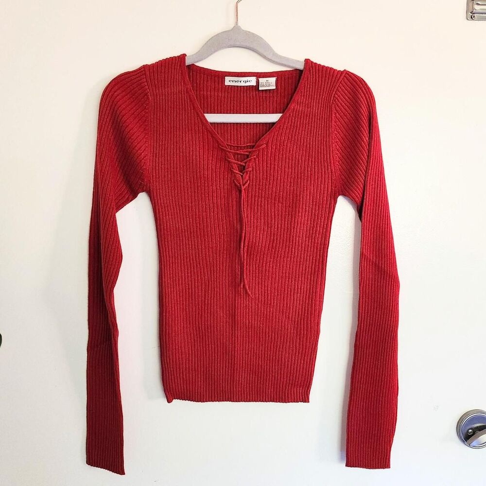 Y2K Energie Vintage Lace Up Ribbed Knit Sweater Top Medium